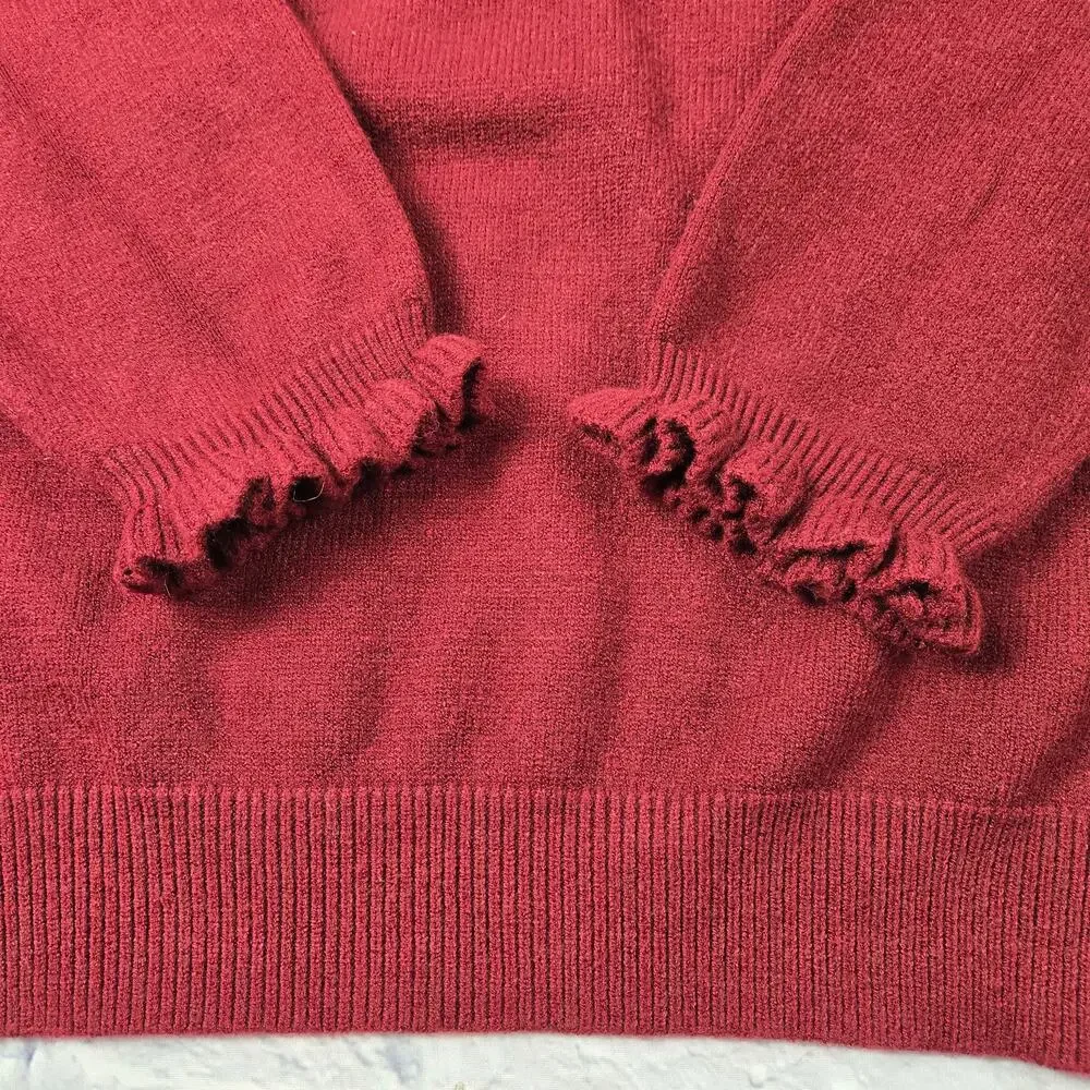 Demure BTFBM Cranberry Holiday Henley High Neck Pullover Sweater Ruffles Buttons